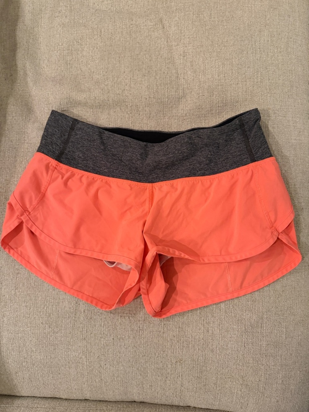 Lululemon Women’s Neon Coral Performance Shorts with Charcoal Waistband